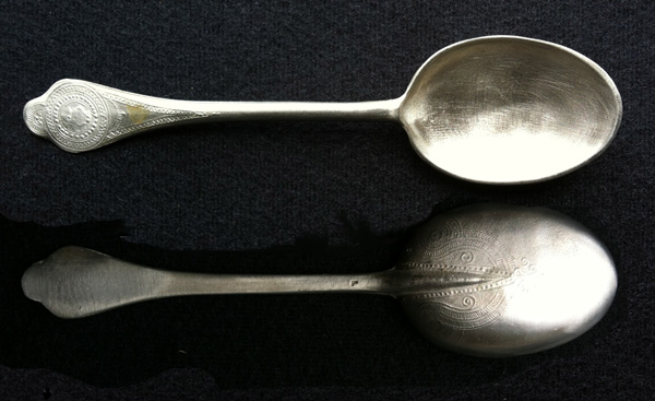 Cast spoon, identical to the original Howland spoon only differs in the superior quality of the pewter now used. Cast by Lydia Withington Holmes.